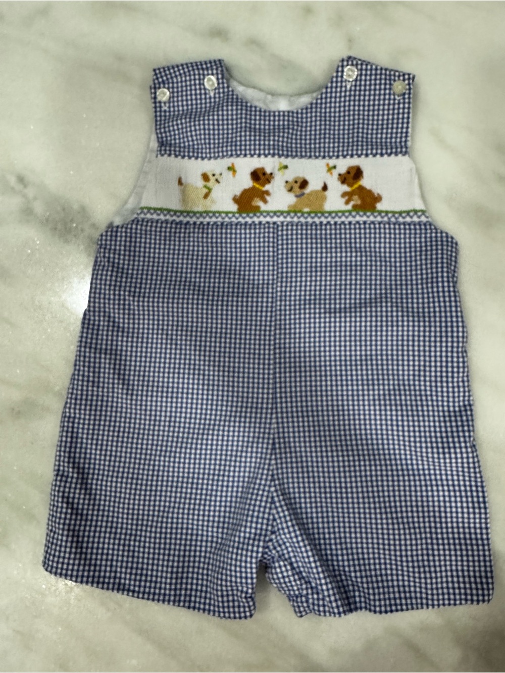 Anavini Boys 12M Hand Smocked Dog Gingham Shortall Romper Blue White